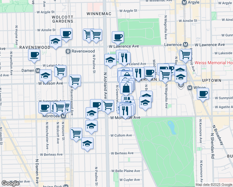 map of restaurants, bars, coffee shops, grocery stores, and more near 4518 North Greenview Avenue in Chicago