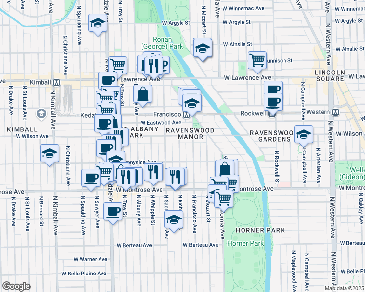 map of restaurants, bars, coffee shops, grocery stores, and more near 4533 North Richmond Street in Chicago