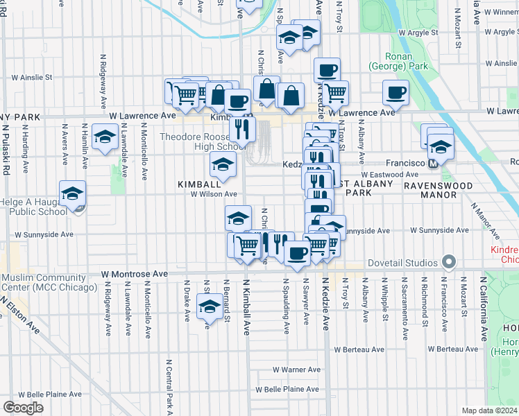 map of restaurants, bars, coffee shops, grocery stores, and more near 4534 North Christiana Avenue in Chicago