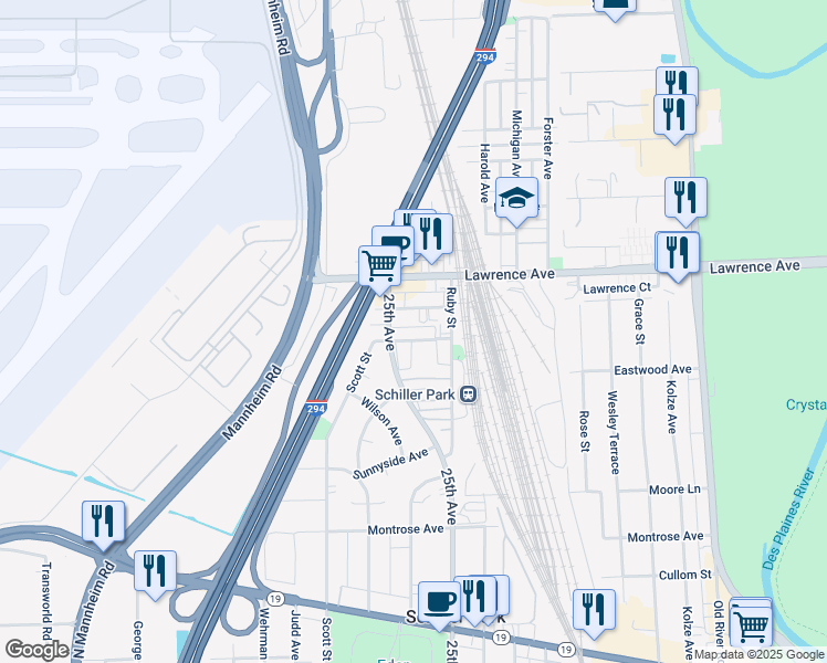 map of restaurants, bars, coffee shops, grocery stores, and more near 9864 Leland Avenue in Schiller Park