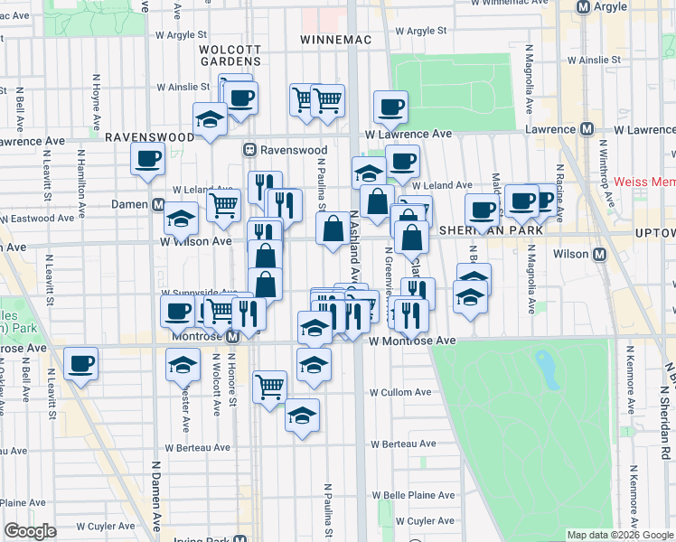 map of restaurants, bars, coffee shops, grocery stores, and more near 4519 North Paulina Street in Chicago