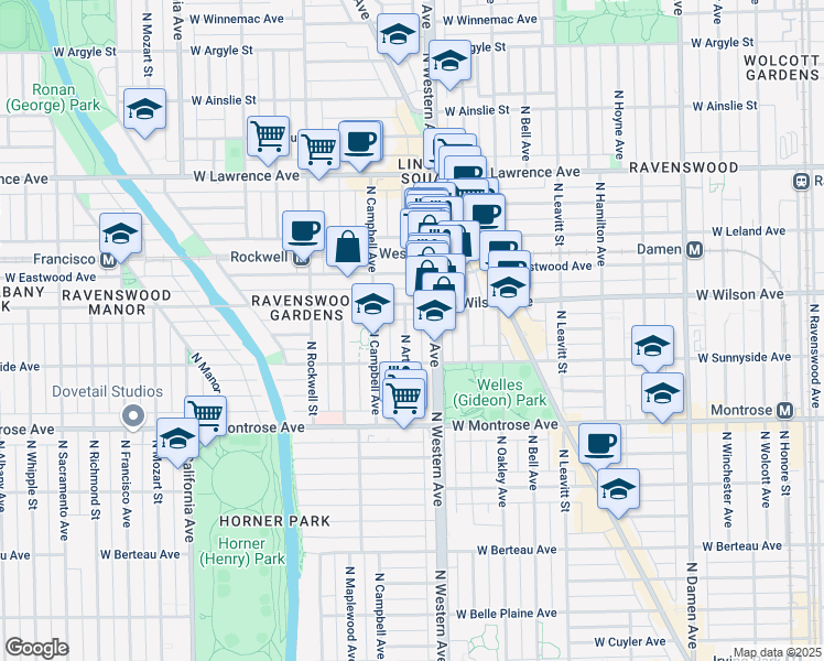 map of restaurants, bars, coffee shops, grocery stores, and more near 4531 North Artesian Avenue in Chicago