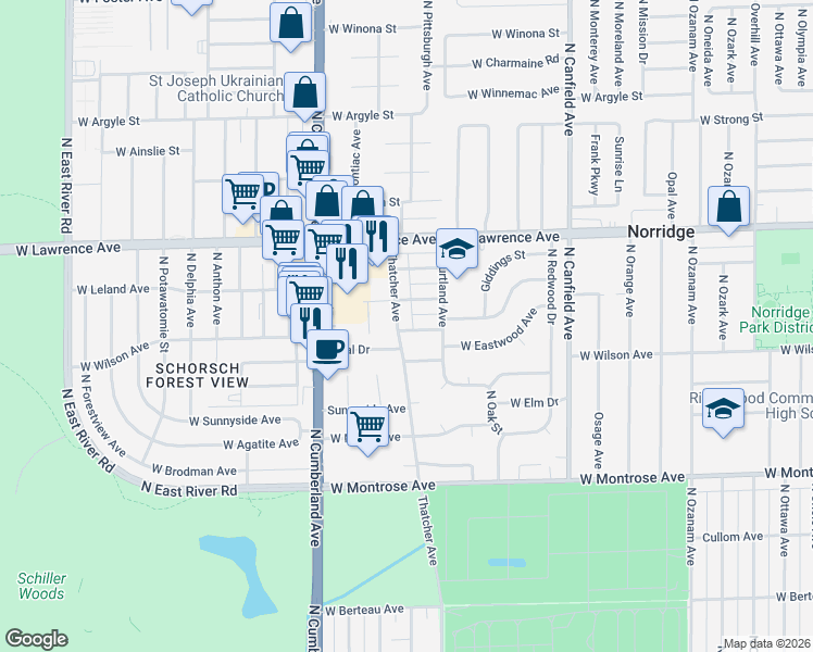 map of restaurants, bars, coffee shops, grocery stores, and more near 8215 Eastwood Avenue in Norridge