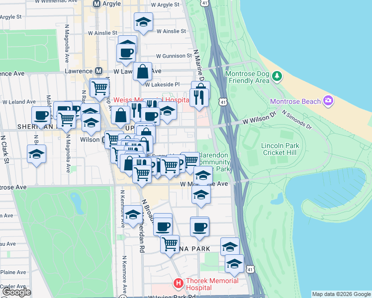map of restaurants, bars, coffee shops, grocery stores, and more near 820 West Sunnyside Avenue in Chicago