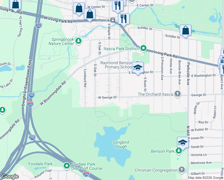 map of restaurants, bars, coffee shops, grocery stores, and more near 449 South Maple Street in Itasca