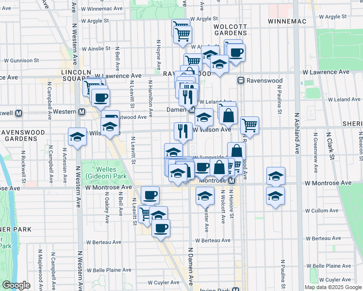 map of restaurants, bars, coffee shops, grocery stores, and more near 4526 North Damen Avenue in Chicago
