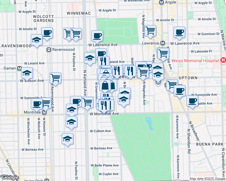 map of restaurants, bars, coffee shops, grocery stores, and more near 4520 North Dover Street in Chicago