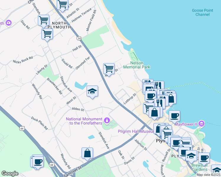 map of restaurants, bars, coffee shops, grocery stores, and more near 175 Court Street in Plymouth