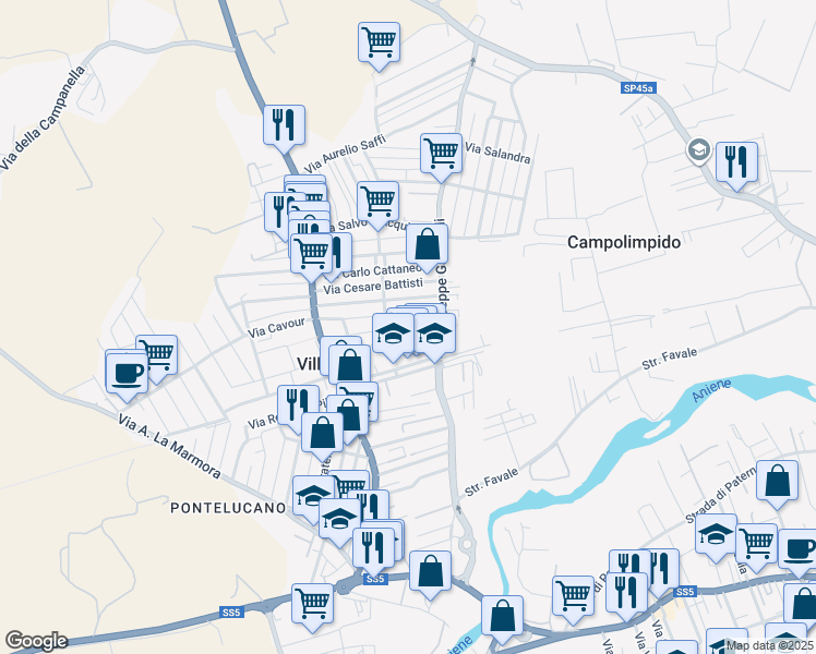 map of restaurants, bars, coffee shops, grocery stores, and more near 33 Via Nazario Sauro in Villanova