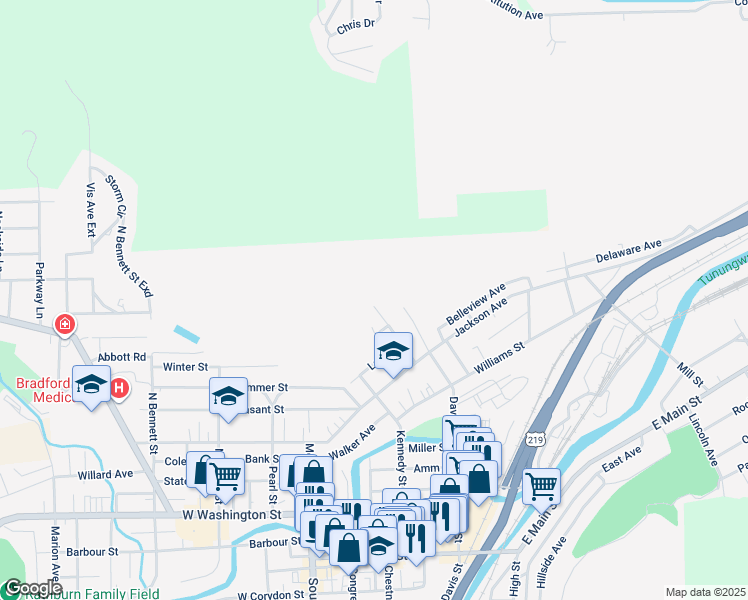 map of restaurants, bars, coffee shops, grocery stores, and more near 59 Petrolia St in Bradford