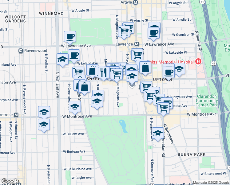 map of restaurants, bars, coffee shops, grocery stores, and more near 4510 North Magnolia Avenue in Chicago