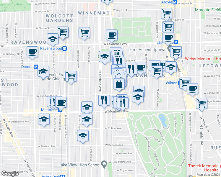 map of restaurants, bars, coffee shops, grocery stores, and more near 4517 North Greenview Avenue in Chicago