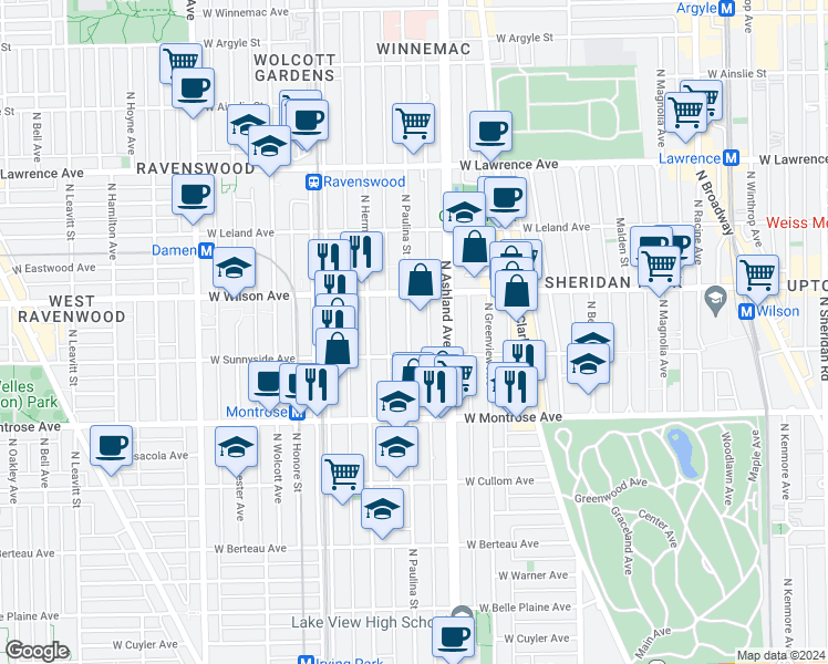 map of restaurants, bars, coffee shops, grocery stores, and more near 4517 North Paulina Street in Chicago