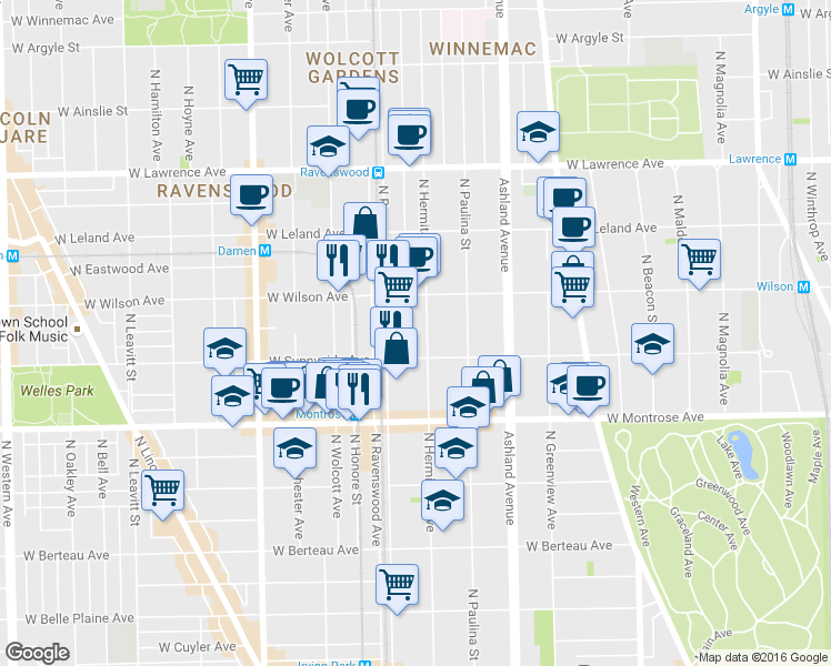 map of restaurants, bars, coffee shops, grocery stores, and more near 4507 North Ravenswood Avenue in Chicago