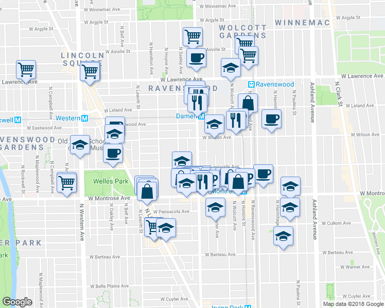 map of restaurants, bars, coffee shops, grocery stores, and more near 4526 North Damen Avenue in Chicago