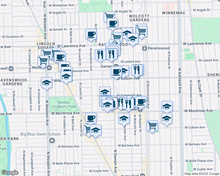 map of restaurants, bars, coffee shops, grocery stores, and more near 4526 North Damen Avenue in Chicago