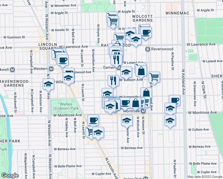 map of restaurants, bars, coffee shops, grocery stores, and more near 4526 North Damen Avenue in Chicago