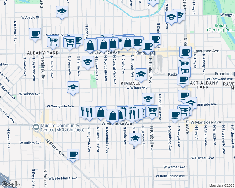 map of restaurants, bars, coffee shops, grocery stores, and more near 4536 North Central Park Avenue in Chicago