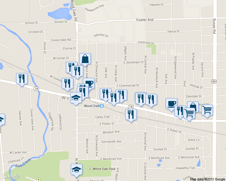 map of restaurants, bars, coffee shops, grocery stores, and more near 306 North Cedar Avenue in Wood Dale