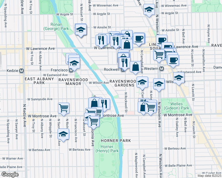 map of restaurants, bars, coffee shops, grocery stores, and more near 4546 North Virginia Avenue in Chicago