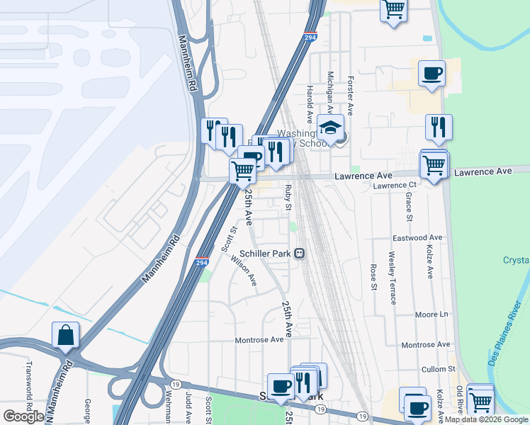 map of restaurants, bars, coffee shops, grocery stores, and more near 9864 Leland Avenue in Schiller Park