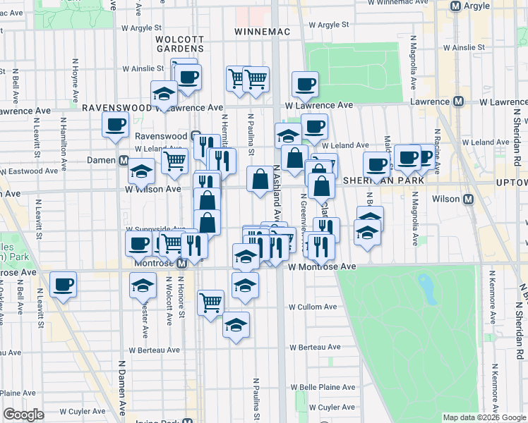 map of restaurants, bars, coffee shops, grocery stores, and more near 4517 North Paulina Street in Chicago