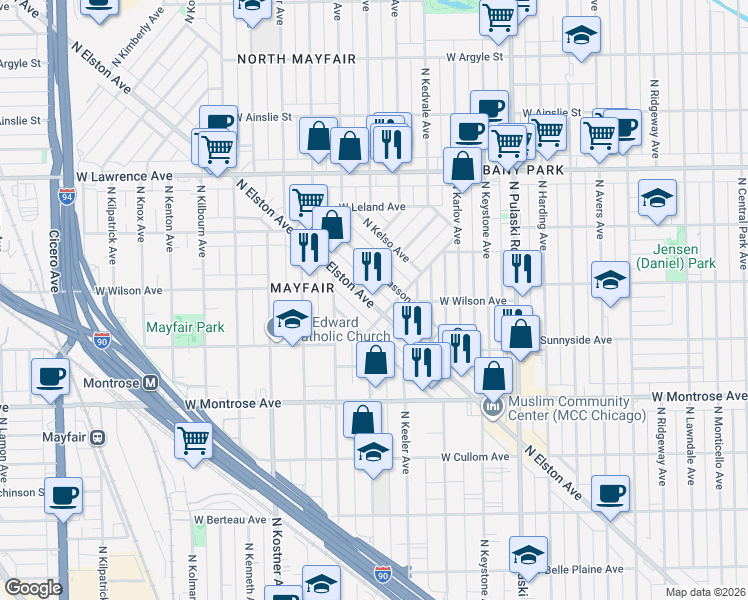 map of restaurants, bars, coffee shops, grocery stores, and more near 4569 North Elston Avenue in Chicago