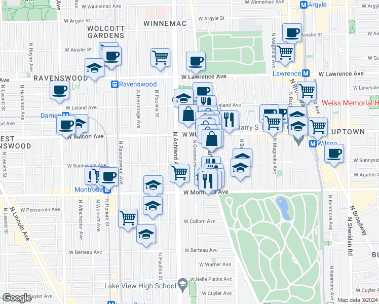 map of restaurants, bars, coffee shops, grocery stores, and more near 4520 North Greenview Avenue in Chicago