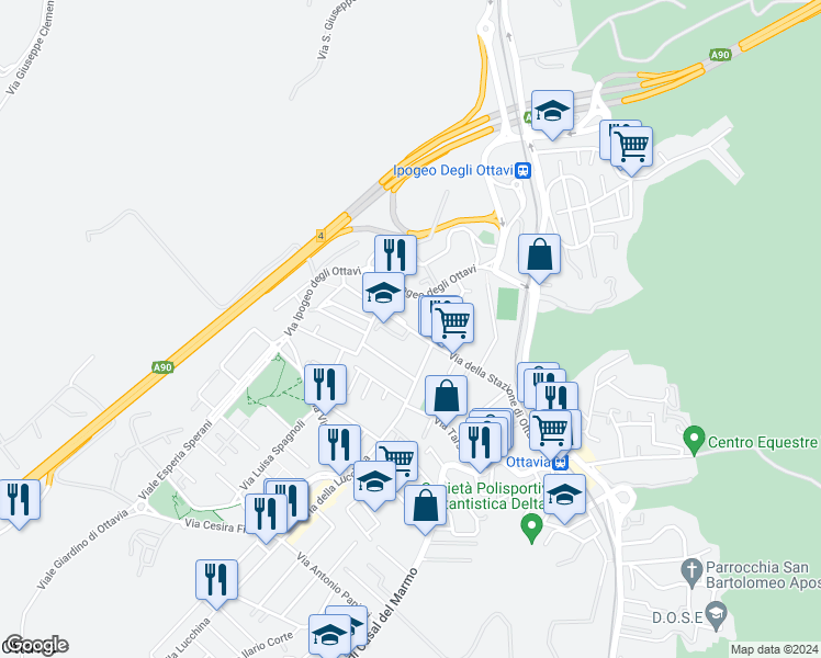 map of restaurants, bars, coffee shops, grocery stores, and more near 107 Via della Stazione di Ottavia in Roma