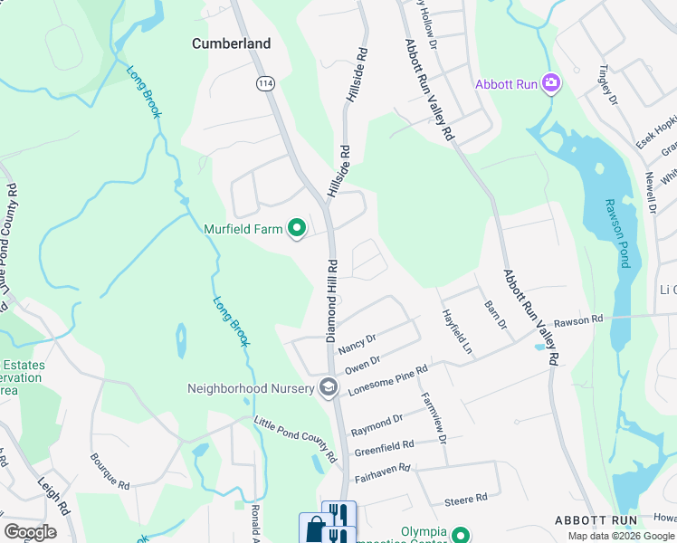 map of restaurants, bars, coffee shops, grocery stores, and more near 2717 Diamond Hill Road in Cumberland
