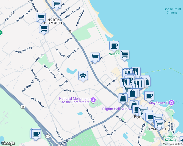 map of restaurants, bars, coffee shops, grocery stores, and more near 176 Court Street in Plymouth