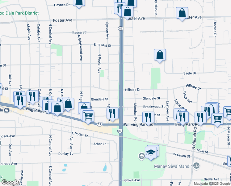map of restaurants, bars, coffee shops, grocery stores, and more near 1210 Hillside Drive in Bensenville