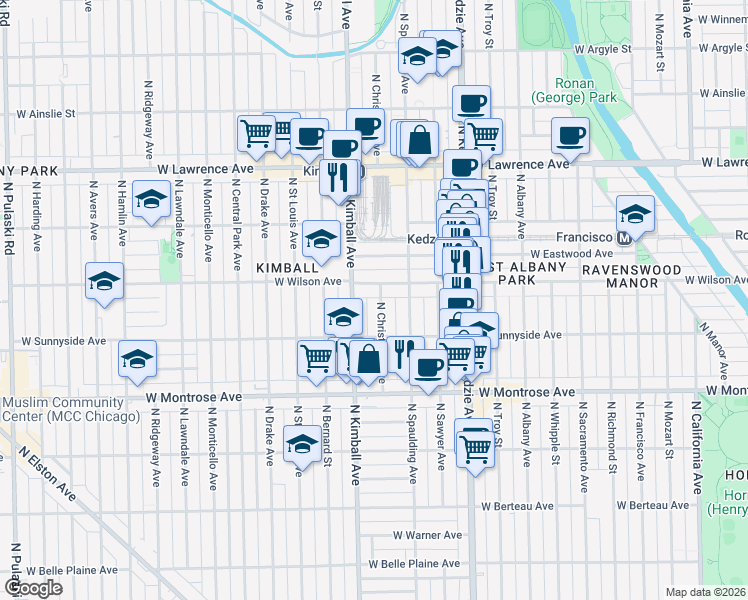 map of restaurants, bars, coffee shops, grocery stores, and more near 4538 North Christiana Avenue in Chicago