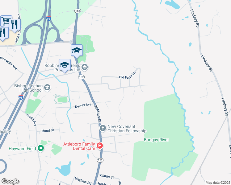 map of restaurants, bars, coffee shops, grocery stores, and more near 77 Wamsutta Road in Attleboro