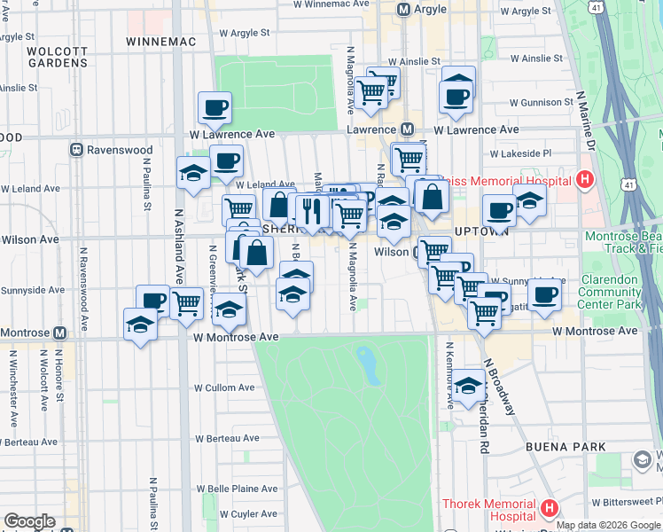 map of restaurants, bars, coffee shops, grocery stores, and more near 4510 North Magnolia Avenue in Chicago