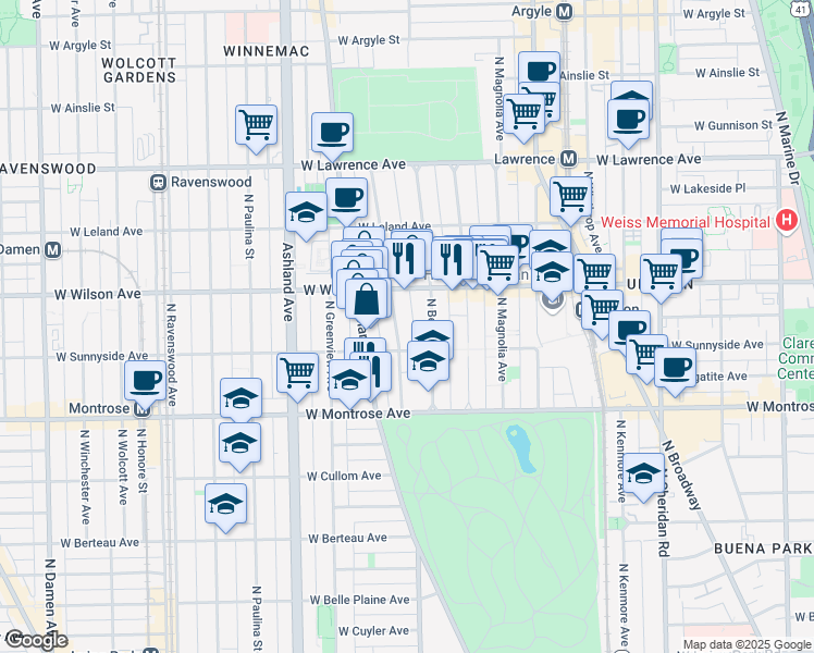 map of restaurants, bars, coffee shops, grocery stores, and more near 4521 North Dover Street in Chicago
