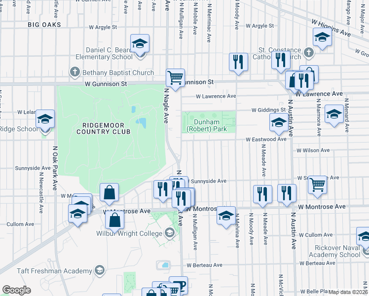 map of restaurants, bars, coffee shops, grocery stores, and more near 4568 North Mulligan Avenue in Chicago