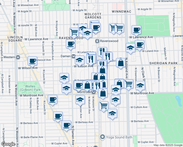 map of restaurants, bars, coffee shops, grocery stores, and more near 4510 North Ravenswood Avenue in Chicago