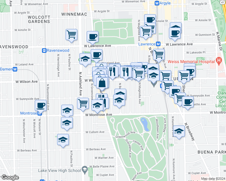 map of restaurants, bars, coffee shops, grocery stores, and more near 4523 North Dover Street in Chicago