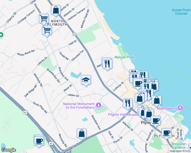 map of restaurants, bars, coffee shops, grocery stores, and more near 176 Court Street in Plymouth
