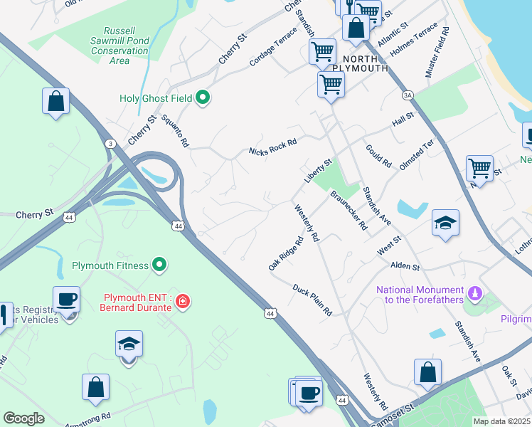 map of restaurants, bars, coffee shops, grocery stores, and more near 54 Liberty Street in Plymouth