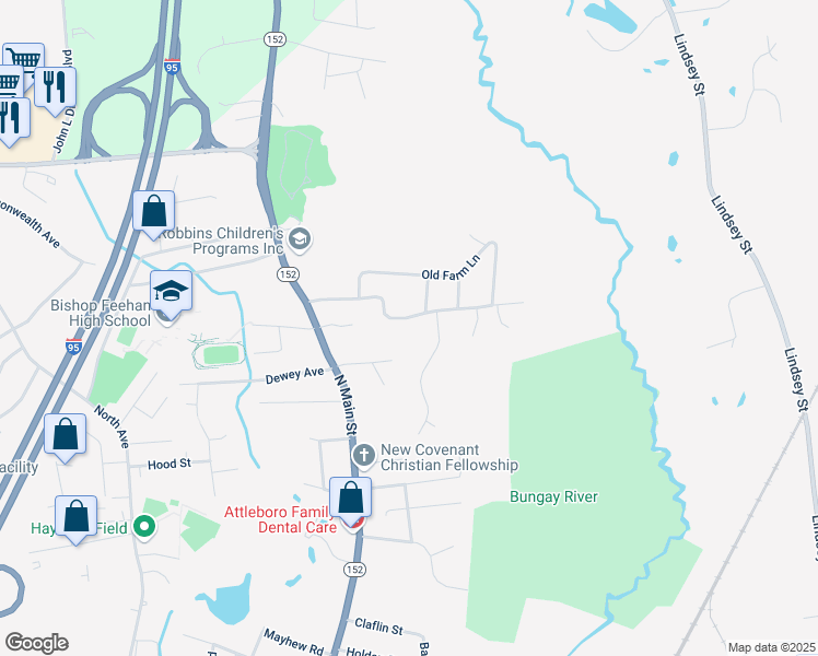 map of restaurants, bars, coffee shops, grocery stores, and more near 77 Wamsutta Road in Attleboro