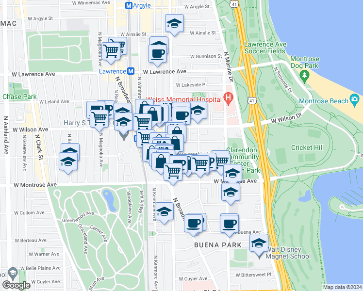 map of restaurants, bars, coffee shops, grocery stores, and more near 4513 North Sheridan Road in Chicago