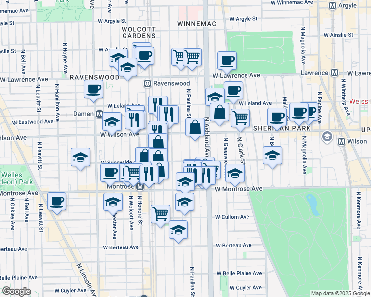 map of restaurants, bars, coffee shops, grocery stores, and more near 4517 North Hermitage Avenue in Chicago