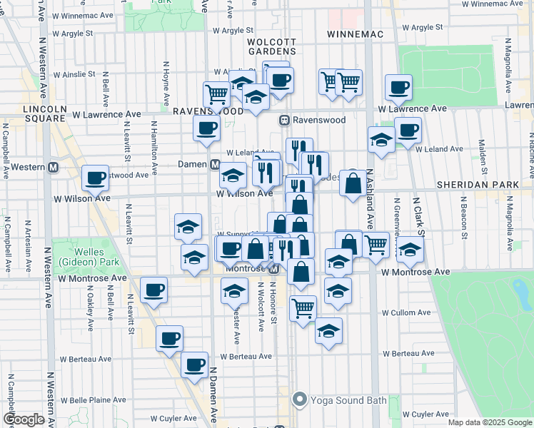map of restaurants, bars, coffee shops, grocery stores, and more near 4510 North Ravenswood Avenue in Chicago