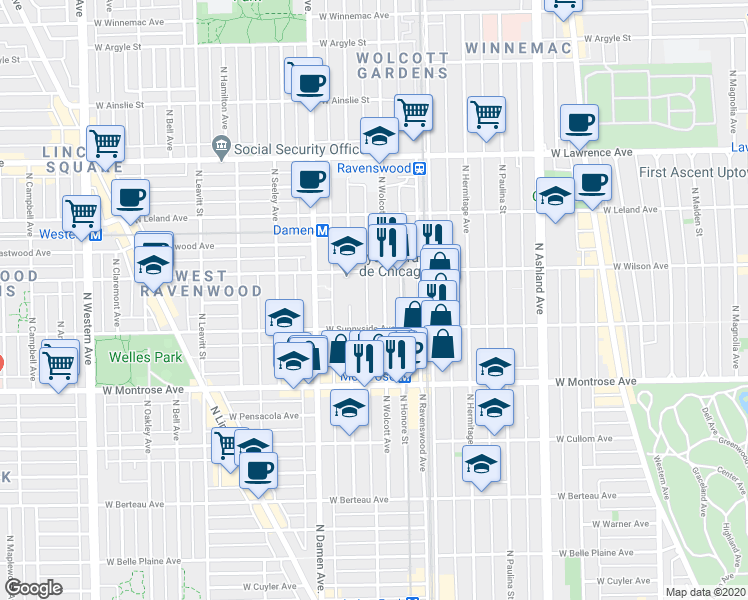 map of restaurants, bars, coffee shops, grocery stores, and more near 4520 North Wolcott Avenue in Chicago