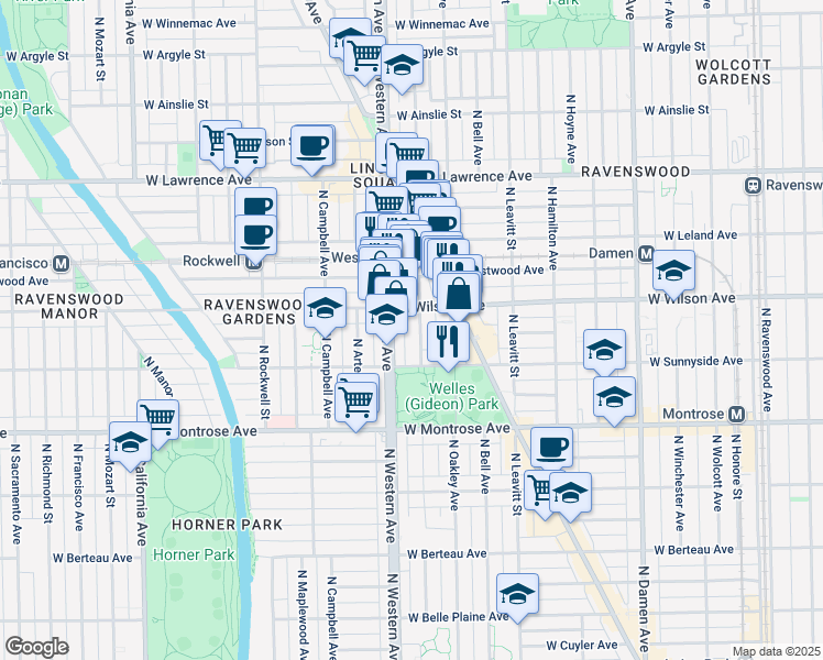 map of restaurants, bars, coffee shops, grocery stores, and more near 4529 North Western Avenue in Chicago