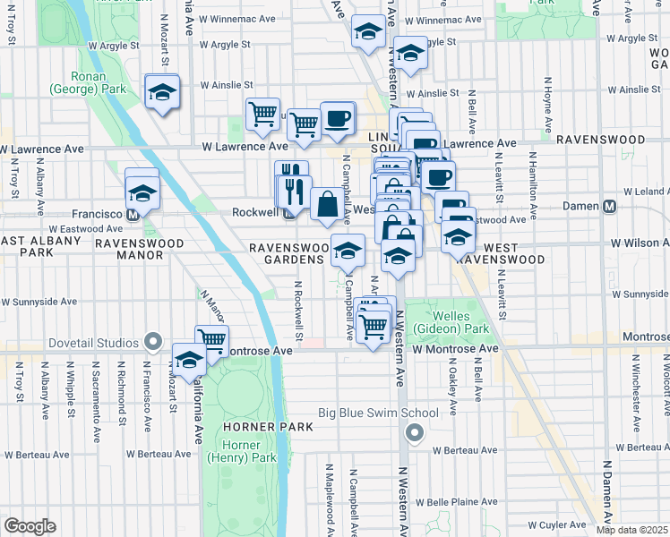 map of restaurants, bars, coffee shops, grocery stores, and more near 4529 North Campbell Avenue in Chicago