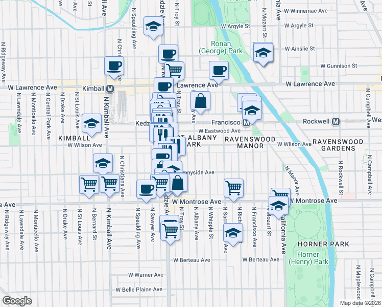map of restaurants, bars, coffee shops, grocery stores, and more near 4531 North Troy Street in Chicago
