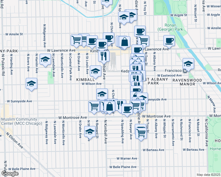 map of restaurants, bars, coffee shops, grocery stores, and more near 4534 North Christiana Avenue in Chicago